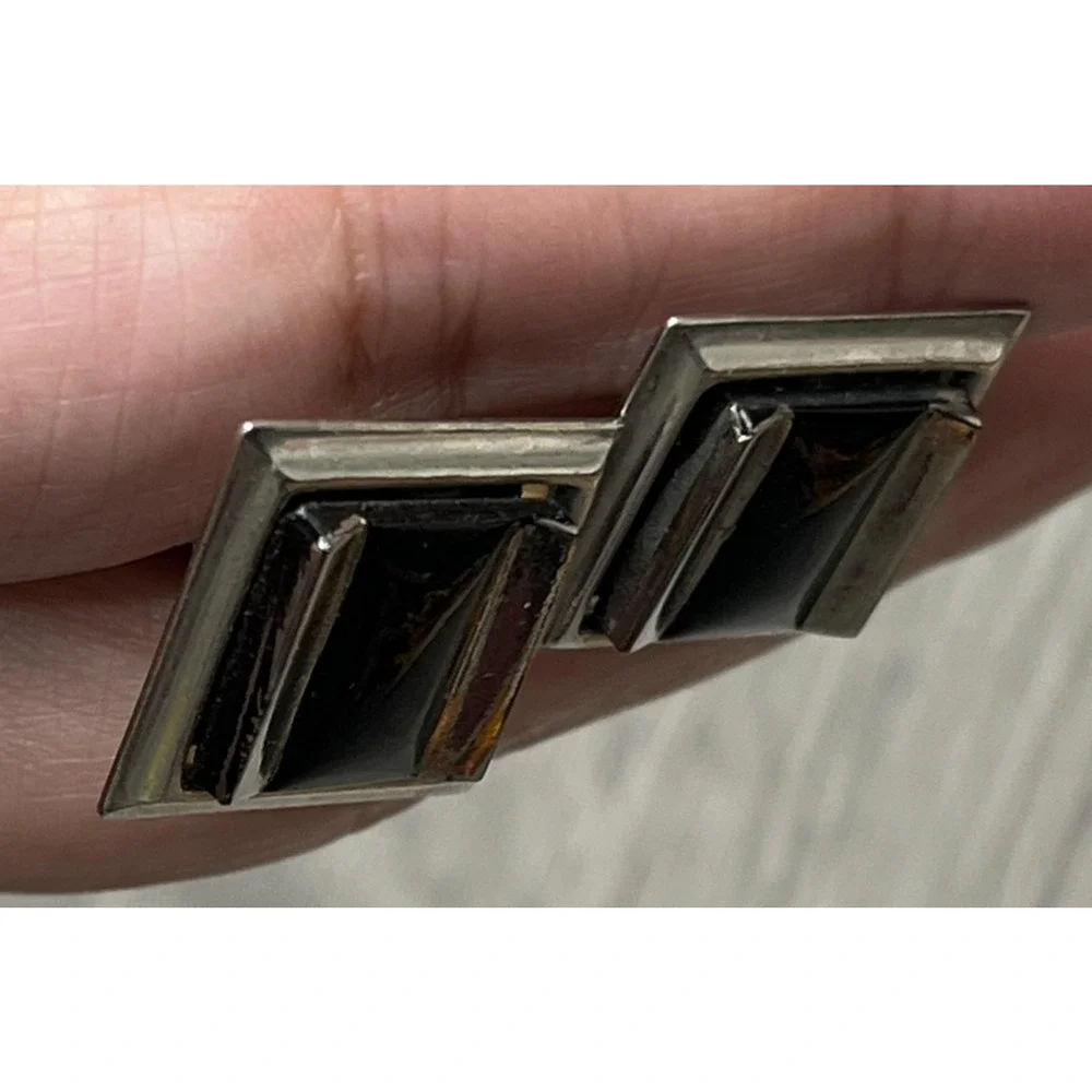 Mens Silver Tone Square Cufflinks Black Onyx Style Cabochon Dress‎ Shirt Pair